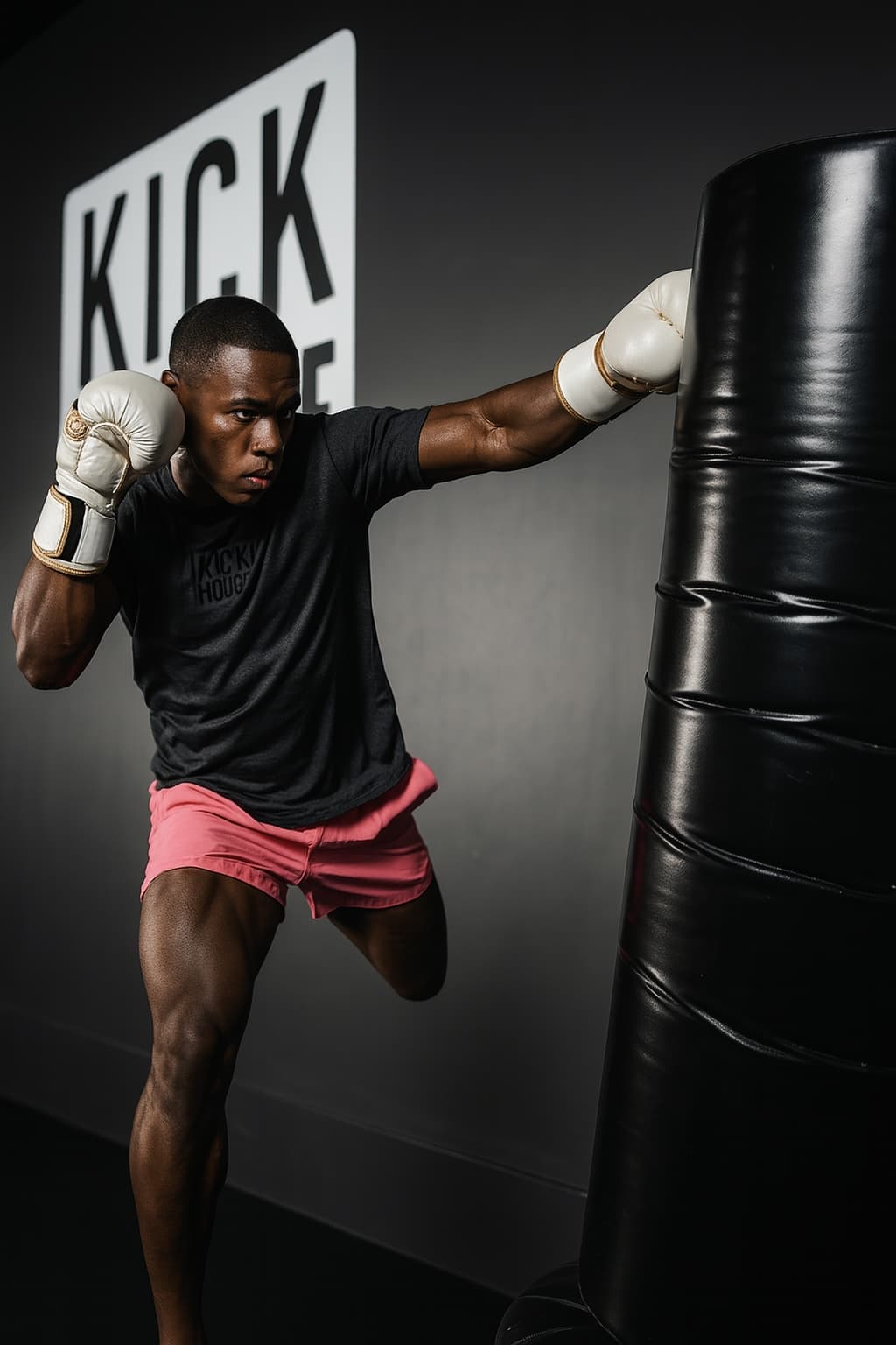 A kickboxer in a KickHouse shirt driving a knee into a free-standing heavy bag